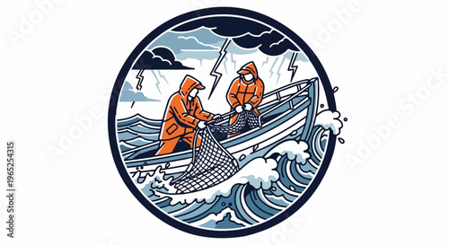 Two fishermen in a boat during a storm, hauling in a net