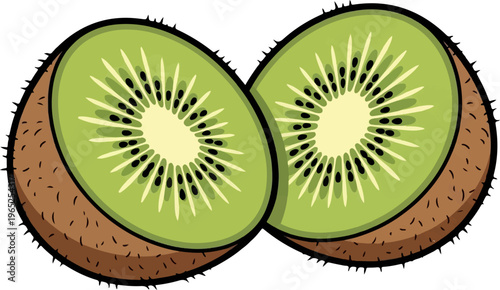 Two halves of a kiwi fruit with fuzzy brown rind and green flesh revealing black seeds