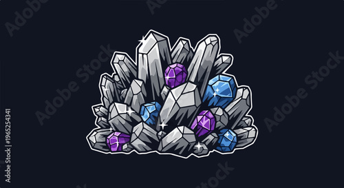 A cluster of pixelated crystals, shimmering with blue and purple gems
