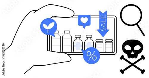 Hand using smartphone displaying medicine bottles, sale, percentage, and eco icons with skull and magnifier outlining consumer safety, health choices, and marketing ethics. Ideal for e-commerce