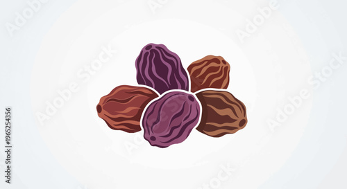 A cluster of five plump, wrinkled dried grapes in shades of deep purple and brown