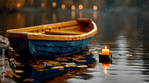 Floating Candle on Teal Boat at Dusk