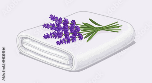 A bundle of lavender sprigs rests on a neatly folded white towel