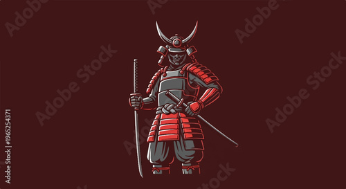 Warrior in traditional armor, holding a sword, standing firm