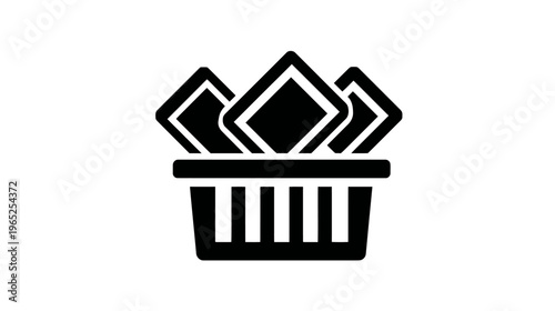 A shopping basket filled with stylized folded items, rendered in black and white on a clean background