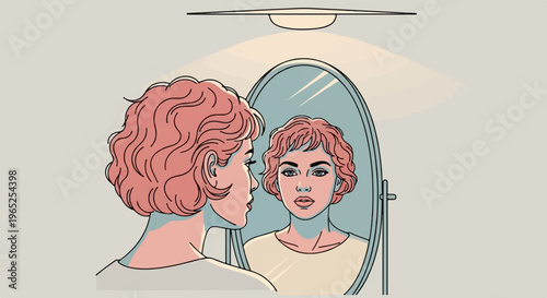 Woman with pink hair looking into a mirror under a light