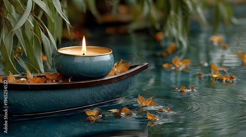 Floating Candle on Teal Boat at Dusk