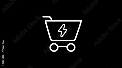 A white line art illustration of a shopping cart with a lightning bolt symbol