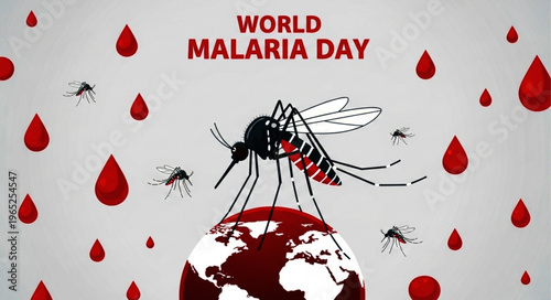 World Malaria Day Poster with Mosquito Earth and Blood Drops