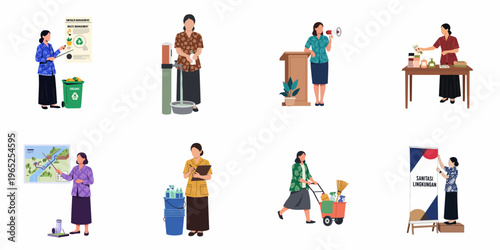 Flat Illustrations of Indonesian Women Engaging in Community Service and Environmental Sanitation Activities