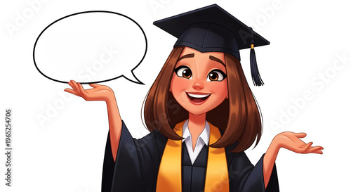 young woman girl student, graduate with a Speech bubble, cartoon illustration, white background, graduation party in college university
