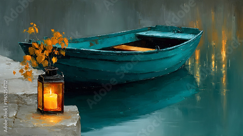 Floating Candle on Teal Boat at Dusk