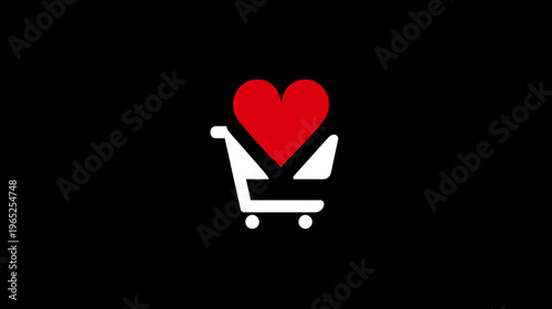 A simple, flat design features a shopping cart integrated with a red heart on a black background