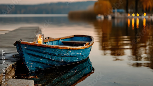 Floating Candle on Teal Boat at Dusk