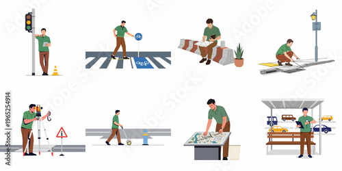 Urban Planning and Traffic Engineering Illustrations Featuring a Male Civil Engineer Performing Various City Infrastructure Maintenance and Surveying Tasks