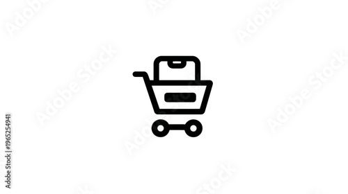 A minimalistic line art illustration depicts a shopping cart with a cell phone placed inside