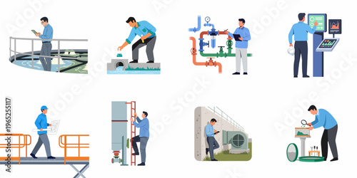 Flat illustration set of engineers and technicians working in water treatment and industrial wastewater management facilities.
