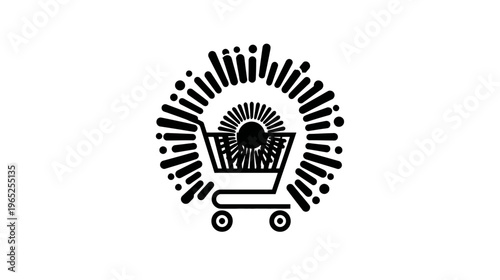 Stylized black and white shopping cart inside a sunburst on a white background