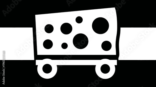 A white illustration of a vehicle with a white, perforated body and wheels on a black ground