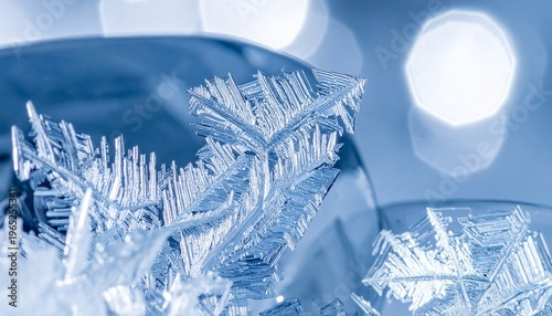 Winter Abstract Ice Crystals Macro Shot with Soft Bokeh Background in Cool Blue Tones Ideal for Seasonal Holiday Greetings.