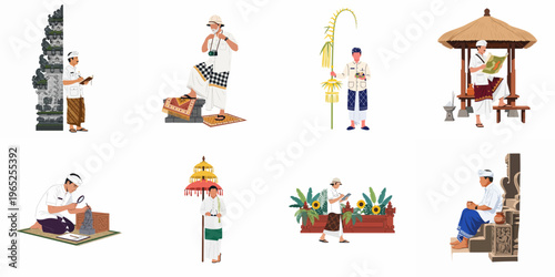 Collection of illustrations of Balinese men in traditional dress participating in diverse cultural and daily activities including praying, sketching, and traveling.