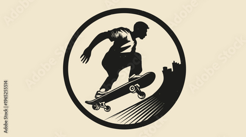 A monochrome illustration of a skater mid-air, framed in a circle with city silhouette