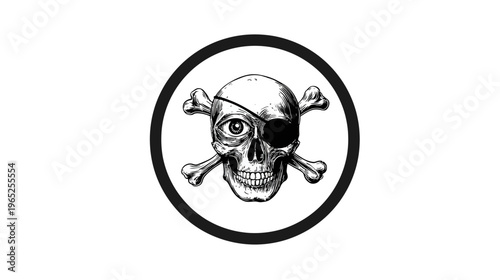 A black and white illustration of a skull and crossbones inside a black circular border on white background