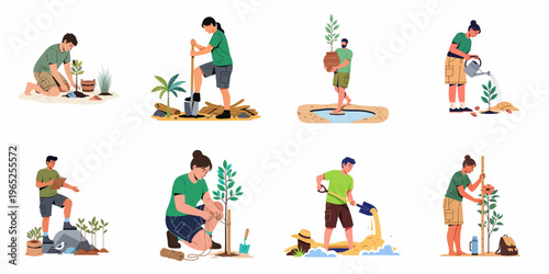 Set of Volunteers Planting Trees and Caring for the Environment in Outdoor Settings