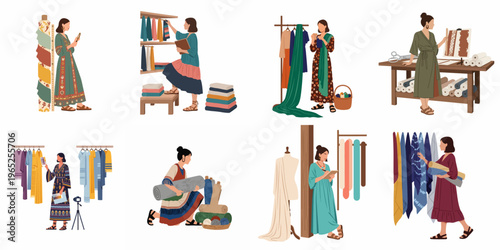Flat illustration set of female fashion designers and textile artists working with fabrics, patterns, and clothing in a studio environment.