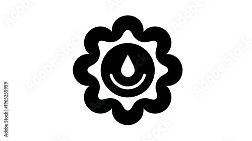 A stylized black and white emblem features a central droplet and a smiling face