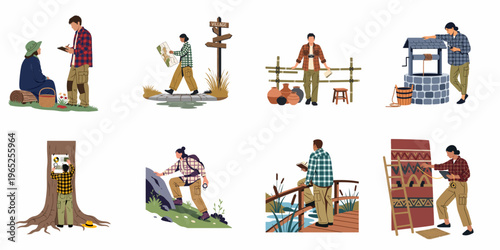 Set of illustrations depicting field researchers, anthropologists, and explorers documenting rural culture, traditional crafts, and outdoor environments.