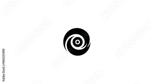 Black and white abstract graphic of a swirling, circular design, centered on white background