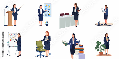 Set of professional business woman illustrations in various roles including public speaker, presenter, teacher, and executive, isolated on white background.