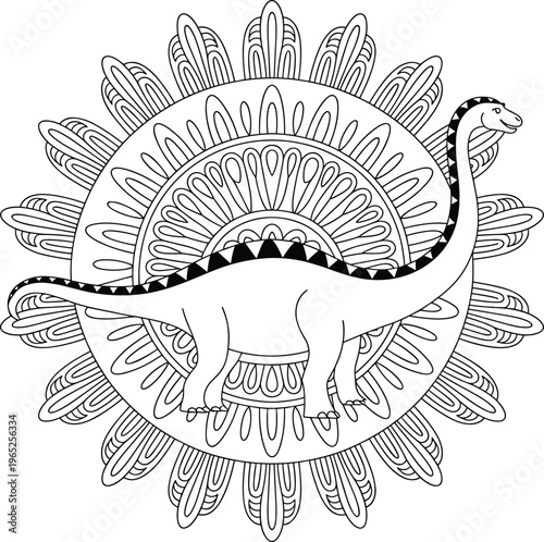 Long neck dinosaur standing in front of a circular mandala pattern
