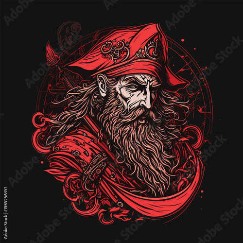 Detailed red pirate illustration with beard and hat, vintage engraving style character design for dark fantasy and adventure theme.