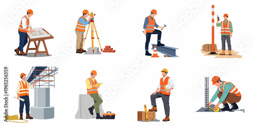 Set of diverse construction worker characters in safety gear performing various professional tasks on a building site, isolated vector illustrations.