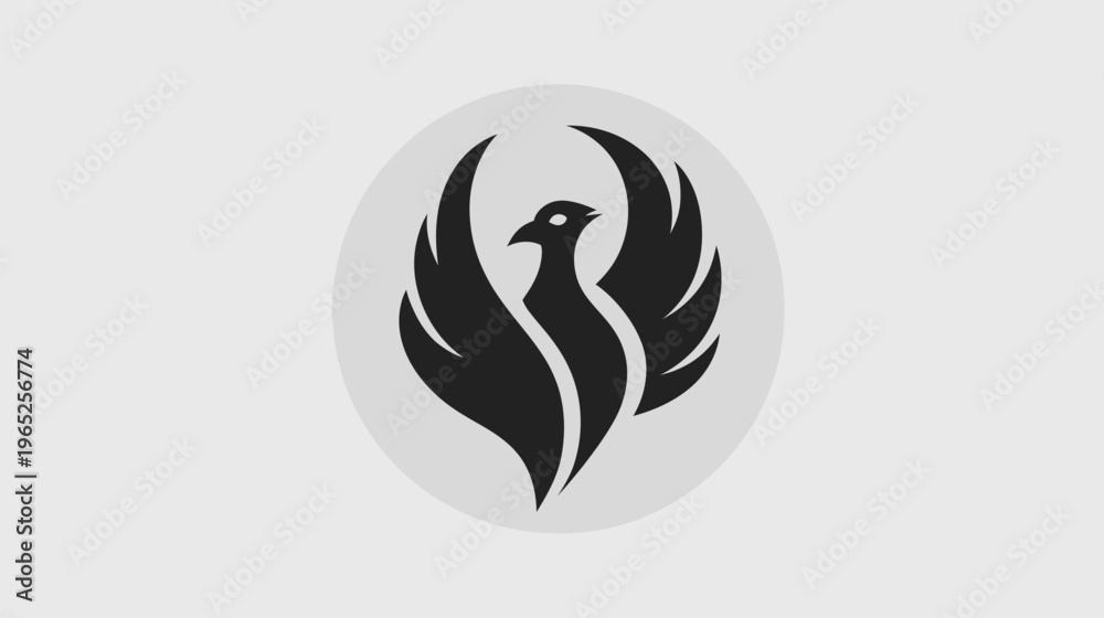 Fototapeta premium A stylized bird with spread wings, enclosed in an oval, against a muted gray background