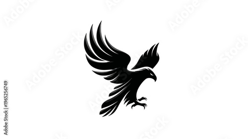 Black graphic of an eagle in flight against a white background, wings spread, predatory gaze