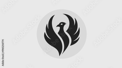 A stylized bird with spread wings, enclosed in an oval, against a muted gray background
