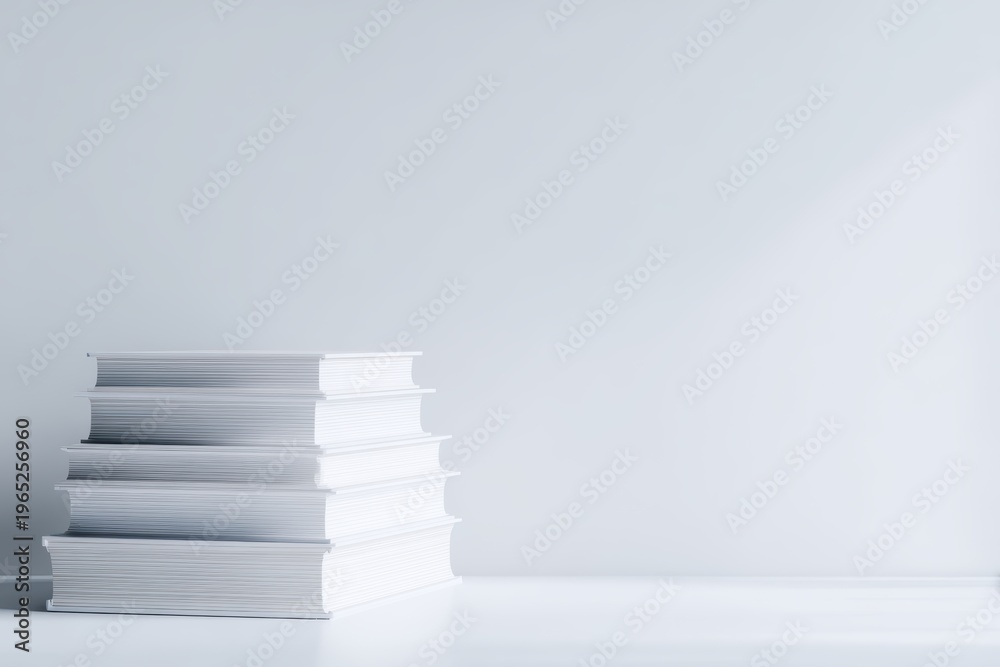 Obraz premium Stack of books on AI and Machine Learning, minimalist white library background