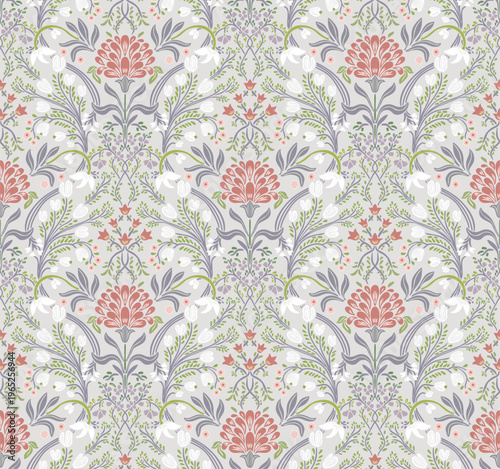 Elegant seamless floral pattern with soft pastel flowers, leaves and botanical ornaments on light background. Ideal for textile prints, wallpaper, wrapping paper, fashion fabrics and decor.
