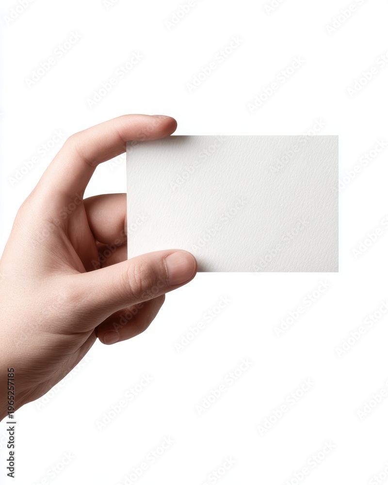 Obraz premium A6 postcard mockup held by male hands, clean grey background, sharp focus on paper