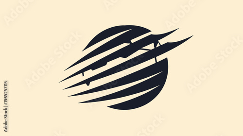 Abstract graphic with dark, angular shapes intersecting a circle on a neutral background
