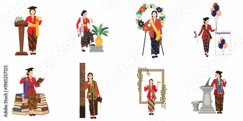 Set of illustrations depicting a young Indonesian woman in traditional kebaya and batik celebrating her graduation with various academic and festive elements.