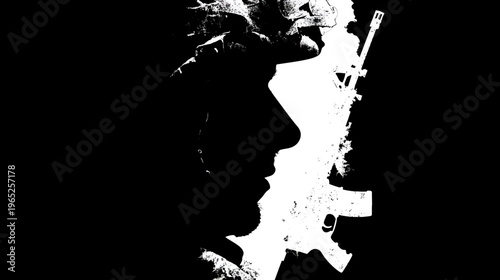 A striking black and white image of a soldier's profile with a rifle, silhouetted against darkness