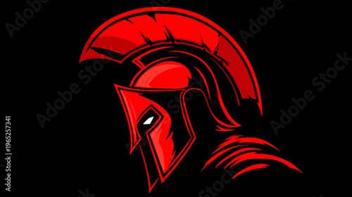 A red spartan helmet graphic, against a black background, with detailed line art
