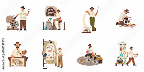 Set of archeologist and paleontologist characters in a museum, studying fossils, cave paintings, and ancient artifacts in flat cartoon style.