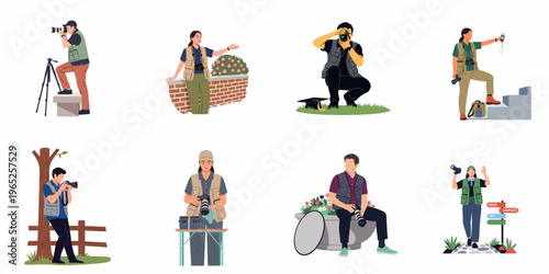 Diverse collection of professional male and female photographers in various poses and outdoor settings, flat vector illustration isolated on white background.