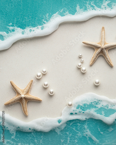 Turquoise surf frames sandy composition with starfish, pearls, and elegant seaside decorative charm.