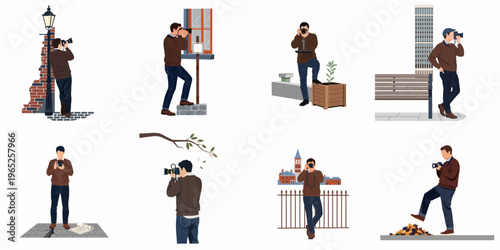 Collection of flat style illustrations showing a male photographer in various urban and park settings, capturing moments with his DSLR camera.